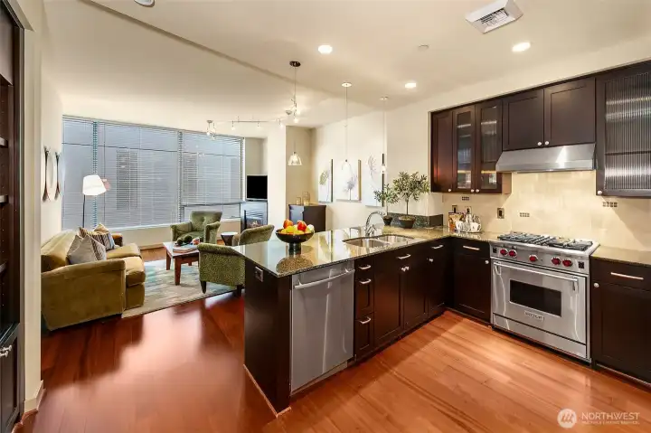 Perspective from kitchen into the living room.