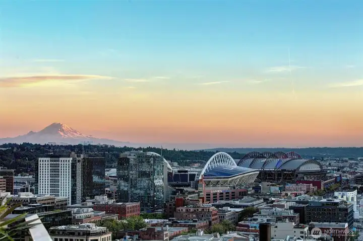 Dramatic South views from rooftop deck: Mt Rainier and the stadiums are highlighted.