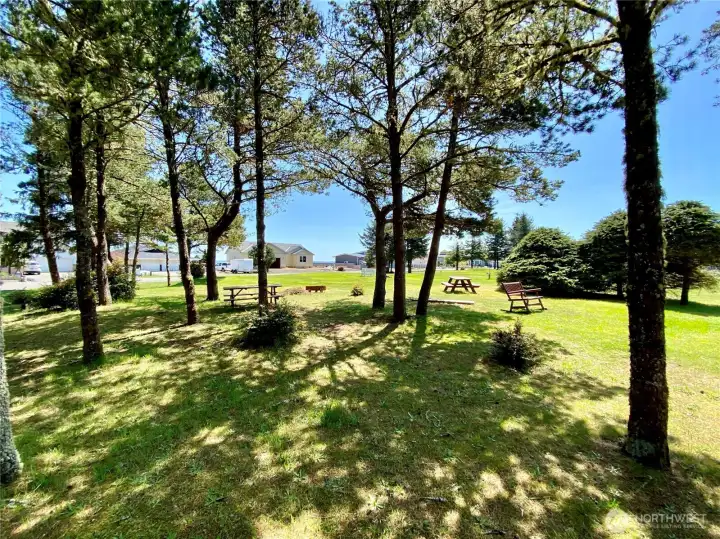 Gunderson park with picnic table, horseshoe pits, and open space.