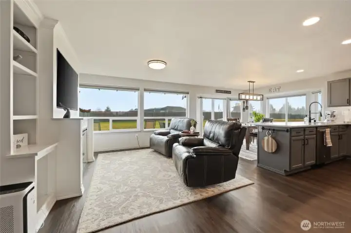 The heart of the home is here within this 180 degree view from entire walls of windows... you can see the fog was thick on this photography morning; imagine it when the sky clears!