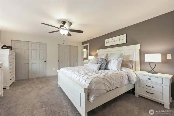 Double closets here (with a third in the bathroom), ceiling fan for perfect air flow, and cushy carpet underfoot.