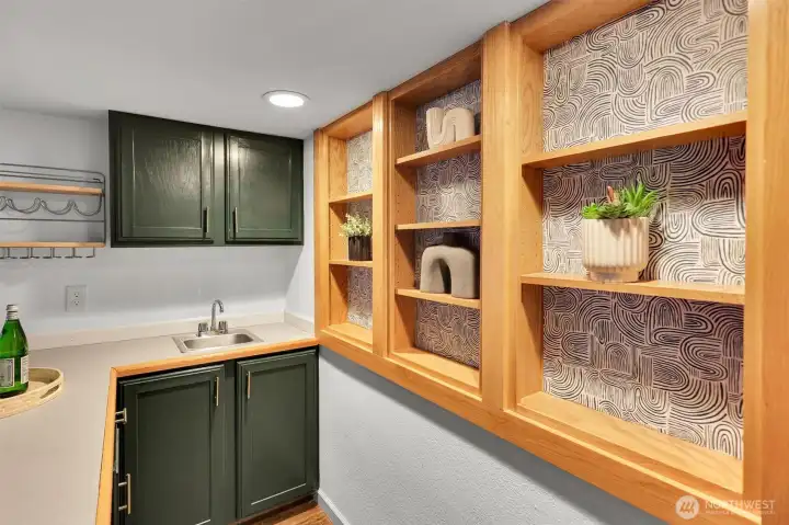 Built-in shelving adds character and practical storage.