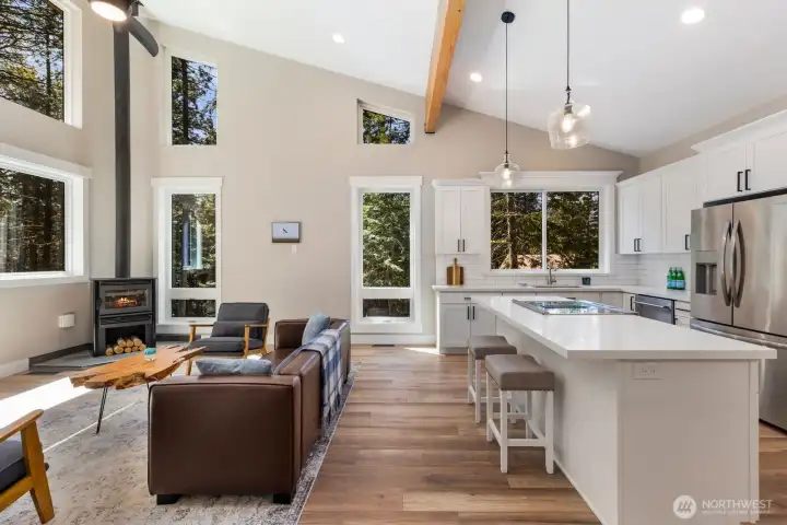 Vaulted ceilings create an open, airy sense of space.