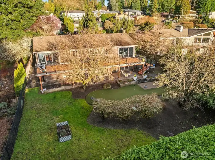 Aerial view of the vast back yard. Aerial view of the vast back yard.