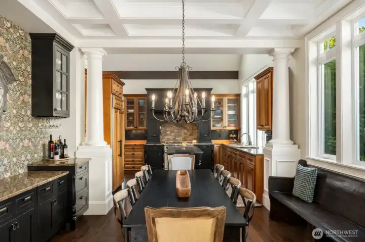 Formal dining room connecting living room to kitchen