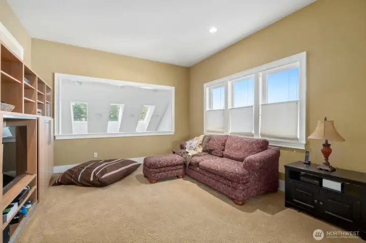 2nd floor family room wit closet, view to kitchen below & views of Blue Mtns