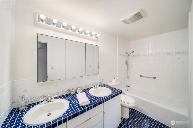 Cute full bathroom with a fun blue and white theme.