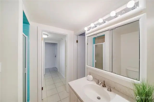 This 3/4 bath can be accessed from 2 bedrooms.