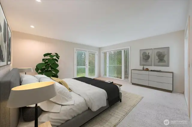 Main floor primary suite with french doors to private deck and hot tub.    virtually staged