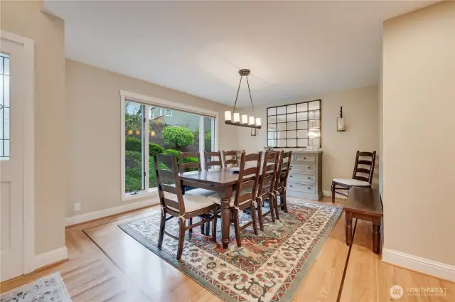 Formal dining room with ribbon inlaid hardwoods