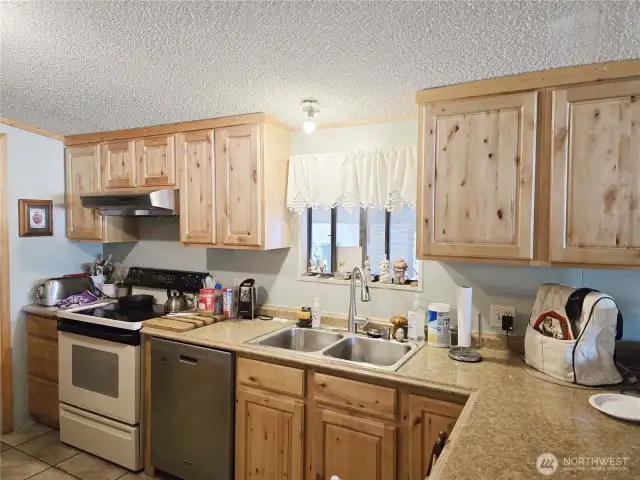 The kitchen has great counter space. The dishwasher is newer as well as it has updated plumbing per seller.