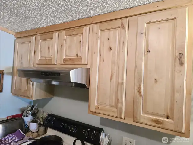 Newer range hood and knotty pine cabinets