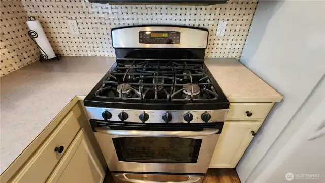 Gas stove for the Chef! Kitchen has lots of storage.