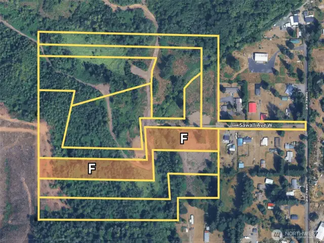Overhead view with approximate boundaries in yellow and subject parcel highlighted in orange.