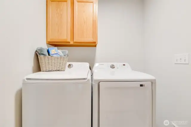 The washer and dryer stay with the home, located in the  utility room off the garage.