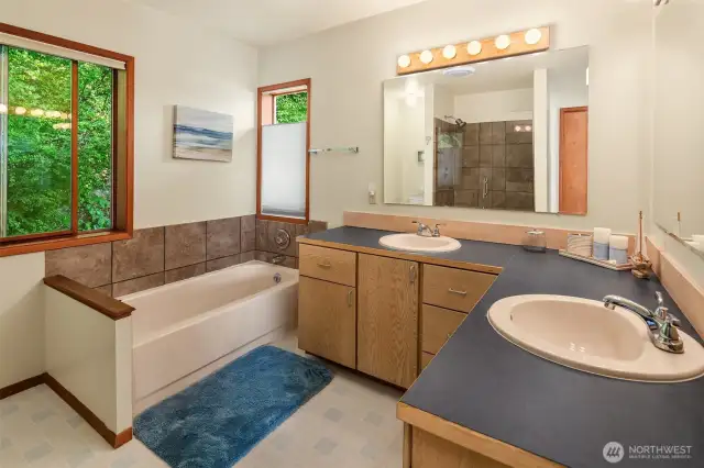Primary bath features double vanity, soaking tub, and walk-in shower.