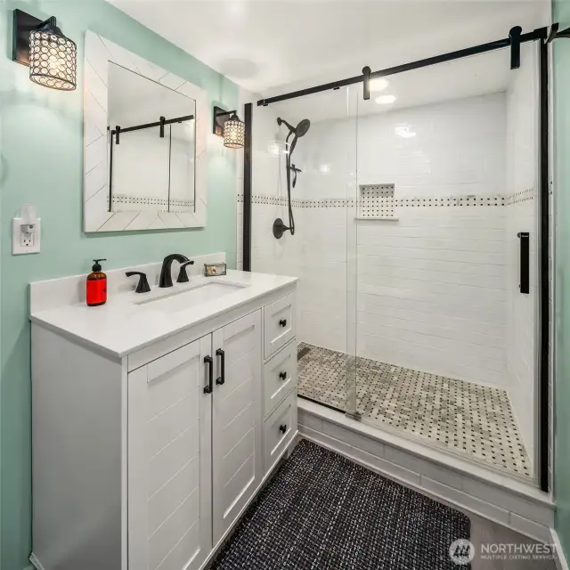 Lower level bathroom with walk-in shower.