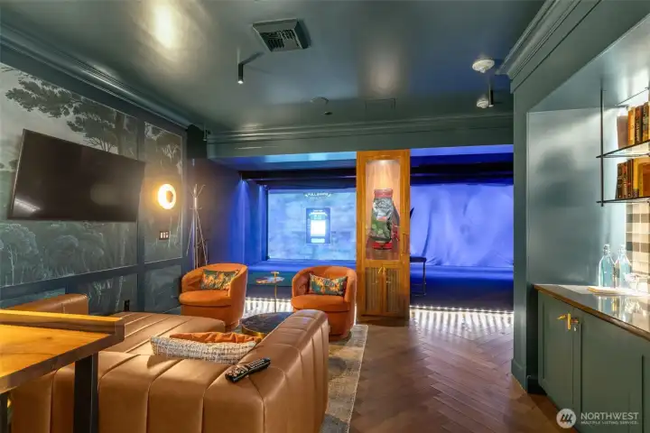 Virtual golf game in a lounge atmosphere.