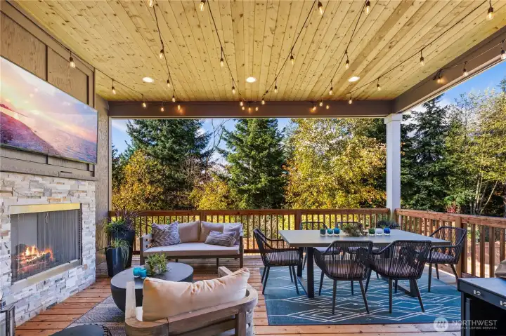 Large, Covered Patio located off Family Room featuring gas fireplace