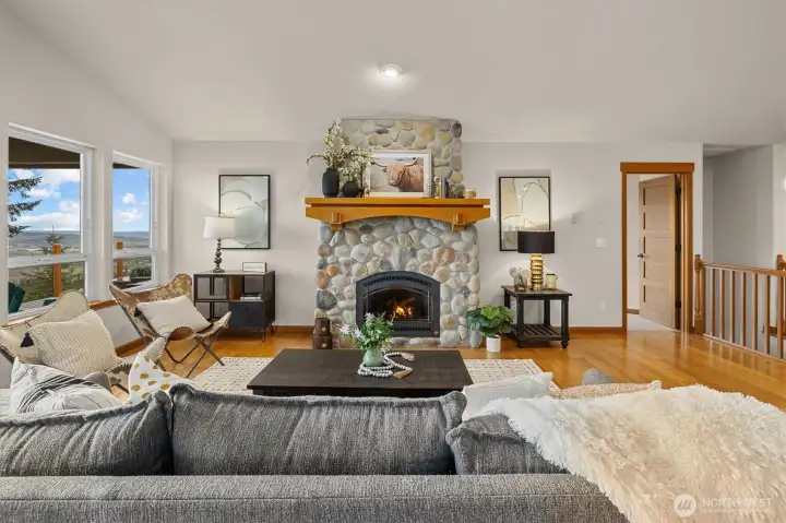 Beautiful propane fireplace in the living room is perfect for a cozy evening at home.