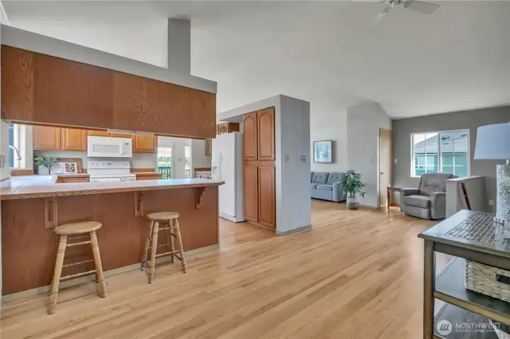 The Great room wraps around the kitchen to this spacious entry area with large closet boasting a sink for washing on the way in!