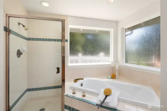 Walk-in shower and jacuzzi bathtub. The glass and door are scheduled to be replaced.