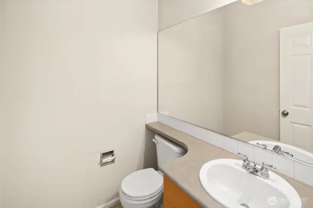 Powder room in lower floor next to a separate storage.