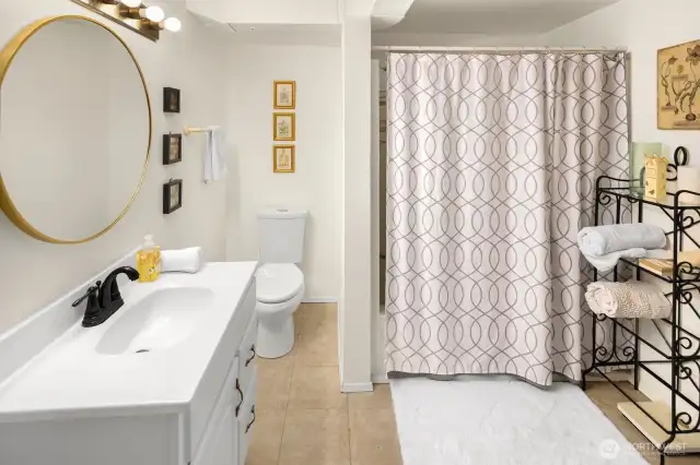 Downstairs bathroom is large.