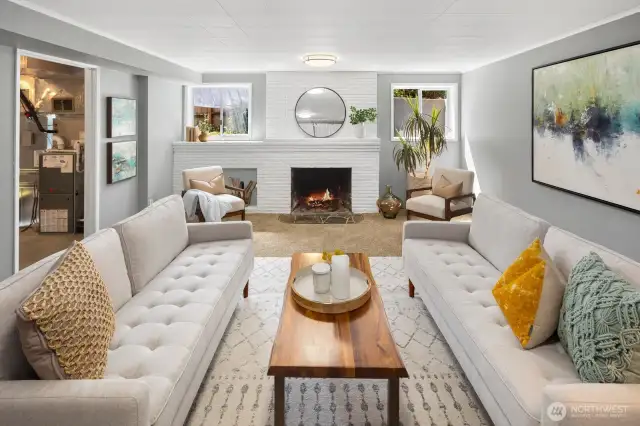 The downstairs den is a large, light space.