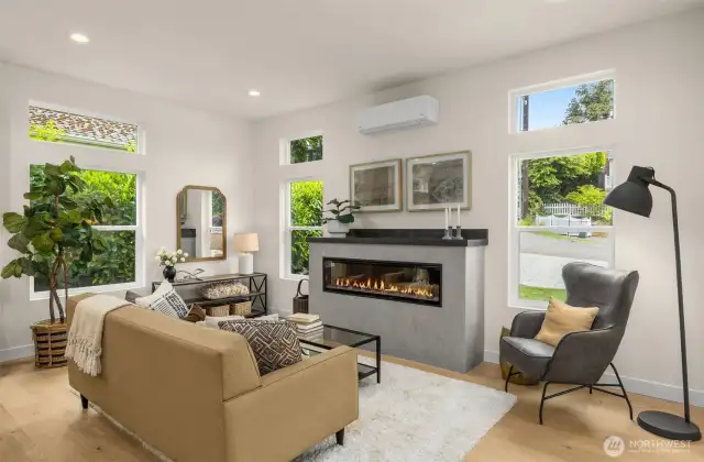 Living room. LED fireplace provided heat and or ambiance..