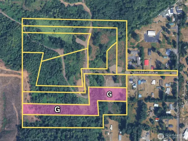 Overhead view with approximate boundaries in yellow with subject property highlighted in pinkish purple.
