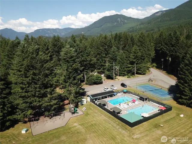 Aerial of Timberline pools, tennis court and playground