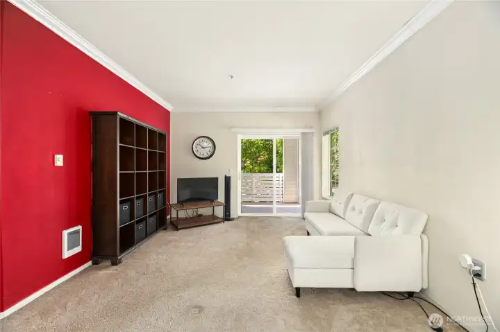 Large living room with slider to deck