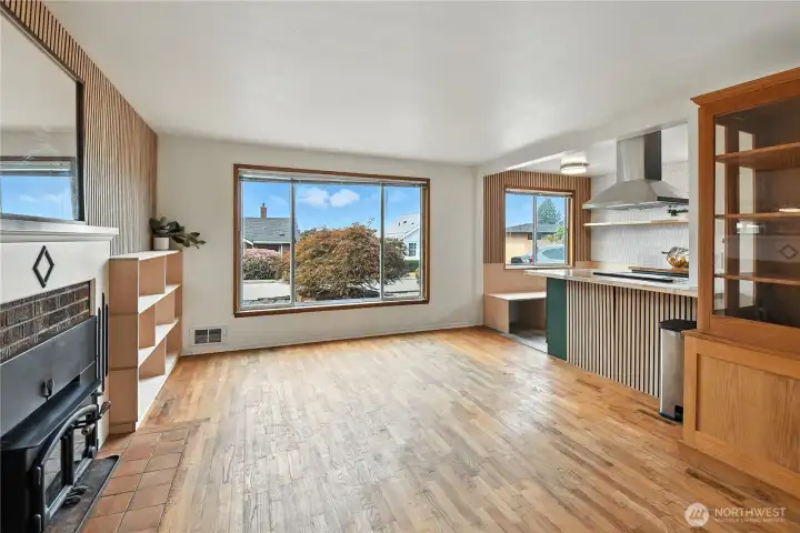 Bright, open Great Room with original wood floor