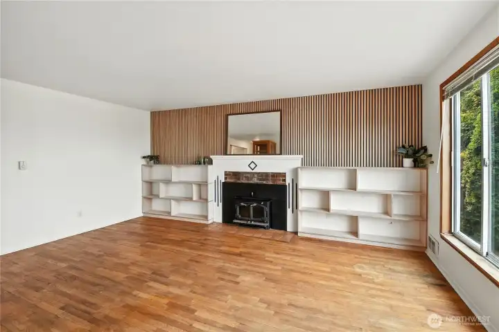 Fireplace and built-in shelving