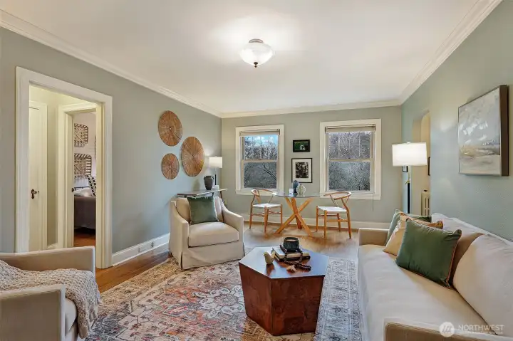 Kitchen is to the right of this photo. Bedroom and Bathroom are on the left.