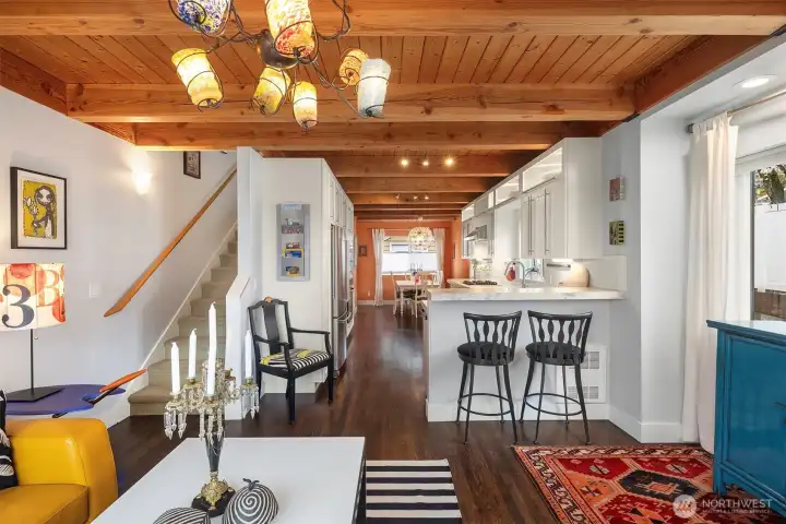 Upper main floor level where the main living is. Stylish, not a cookie cutter townhome! Cedar ceilings, make the space warm and inviting!