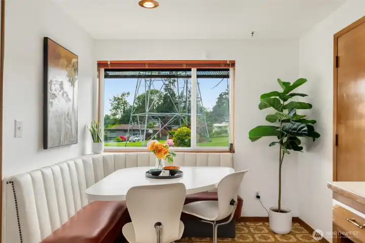 The sweetest built in eating nook that receives beautiful natural light all day long.