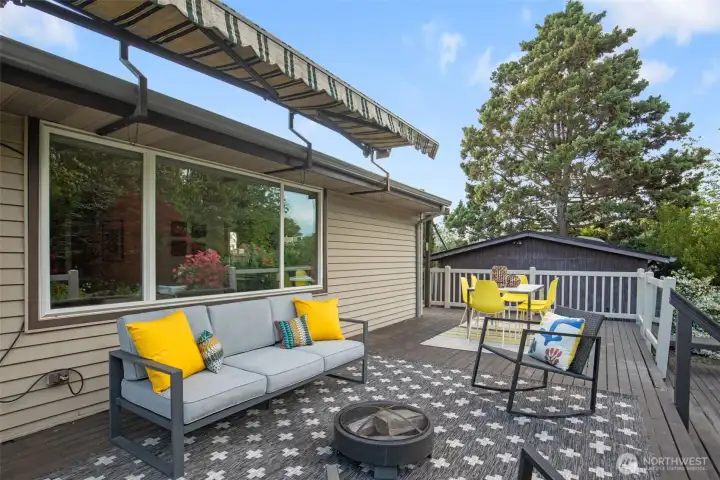 Sunbathed back deck off dining area.