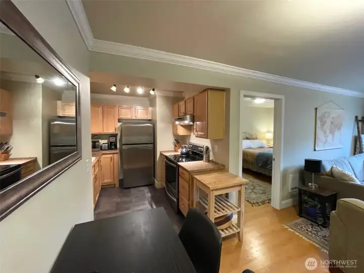 Open layout with the kitchen, eating area, living room and bedroom two. Open layout with the kitchen, eating area, living room and bedroom two.