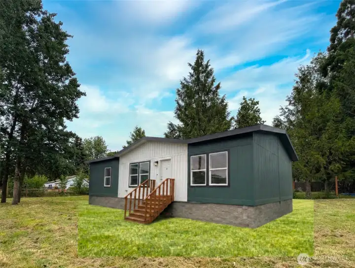 AI pic of Model Home on actual lot.  There will be 2 decks/stairs in the front of the home: 1 off the entry (windows & door to be in reverse order), 1 off the Primary Bedroom (windows replaced by a slider), per L&I code.  Different skirting.  See remarks...