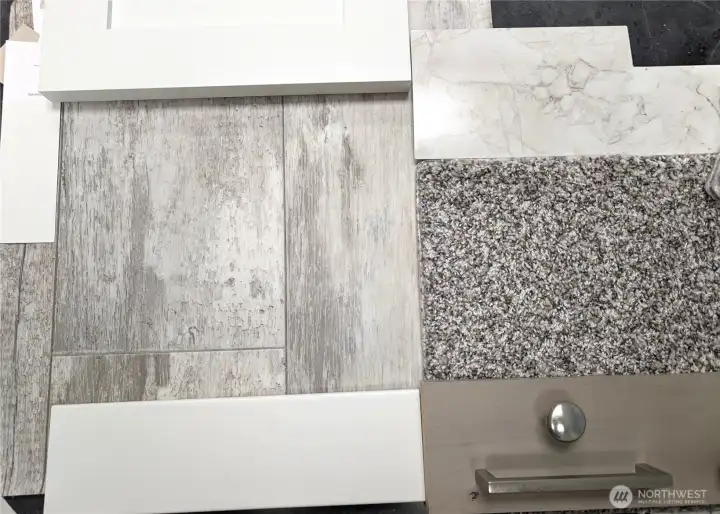 Color board showing actual (from left to right, then top to bottom): Interior paint, cabinets, flooring, baseboard trim, counters, carpet & hardware.