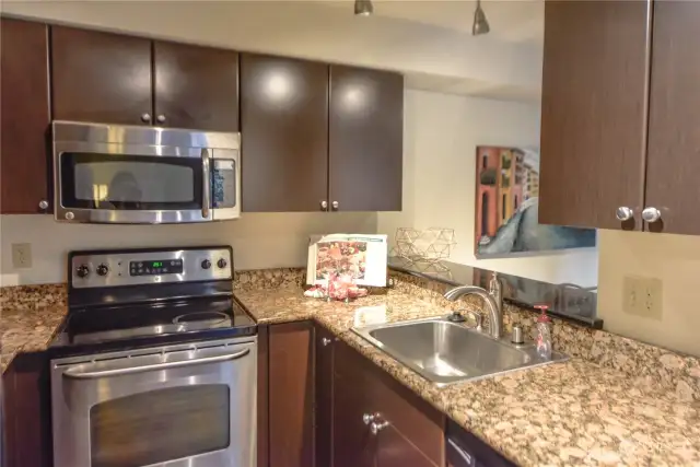 The kitchen is open and has loads of cabinets, granite countertops, stainless steel appliances, dishwasher, and serving bar - which is at the perfect height to screen the kitchen work space from the diners!