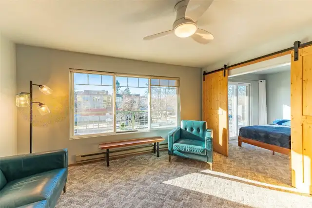 Entrance to west facing bedroom with accent rail doors