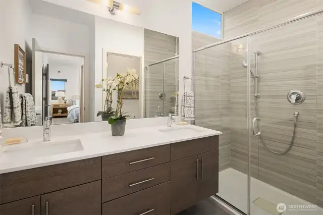 Primary Bathroom with Dual Sinks, Quartz Vanity and Spacious Shower