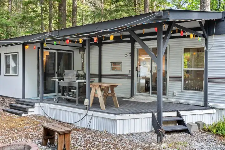 New Edison bulb lights hung around the porch.