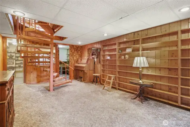 Rec room on lower level with enough shelves for all your books!