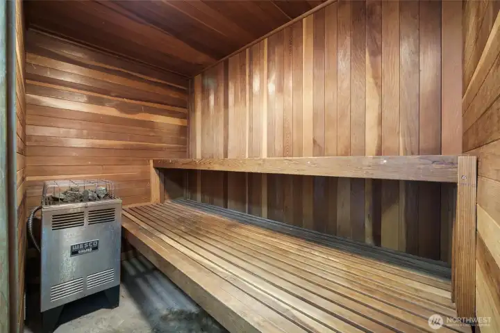 Unwind after a workout or rainy day in the building’s cozy sauna.
