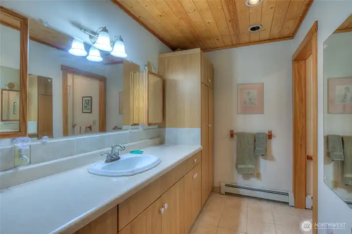 Primary bedroom bath enjoys expansive counter space.