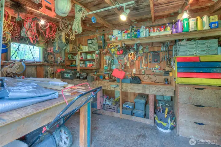 Shop with built in workbench and storage